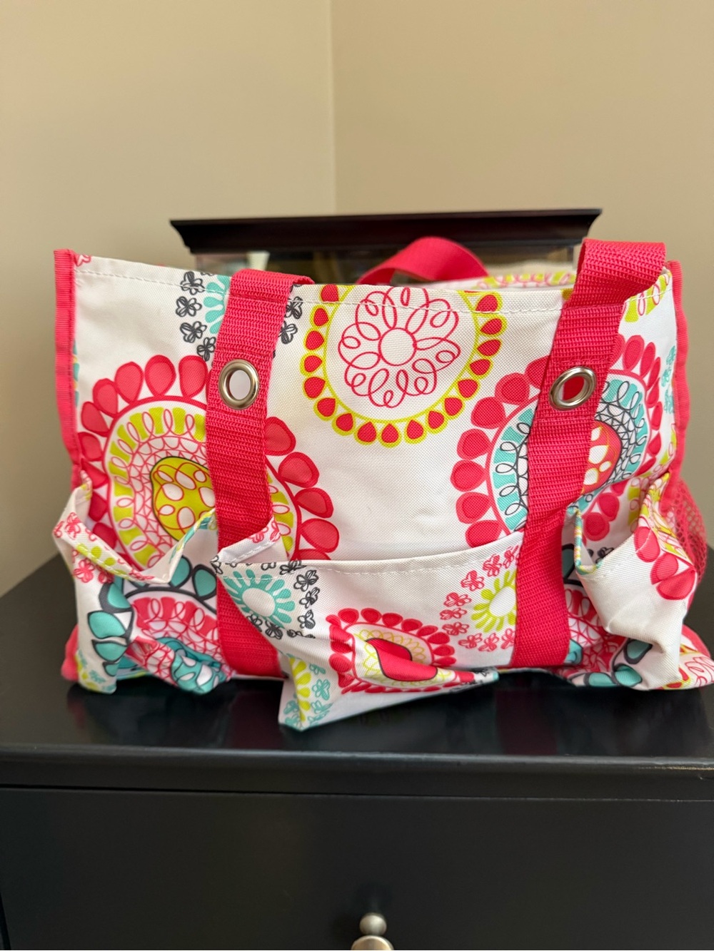 thirty-one Pink Floral Canvas Tote with Bright Patterned Medallions